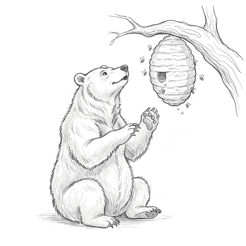 Bear Looking Up At Beehive - medium sketch drawing idea