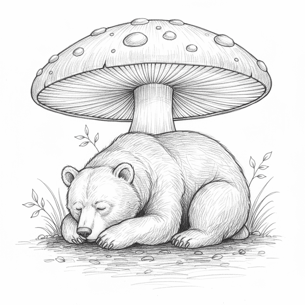 Bear Napping Under A Mushroom - hard sketch drawing idea
