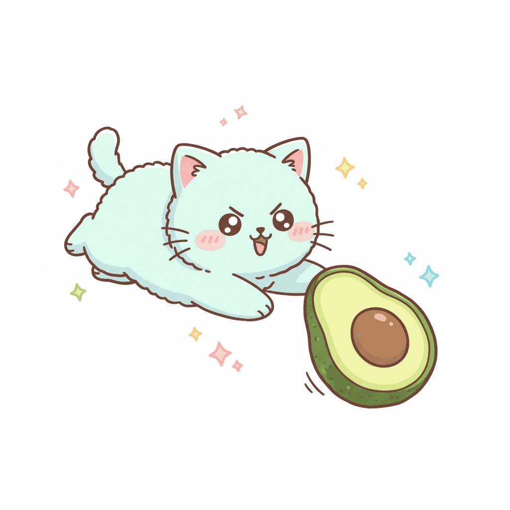 Cat Pouncing on Avocado (Anime) - medium cartoon drawing idea