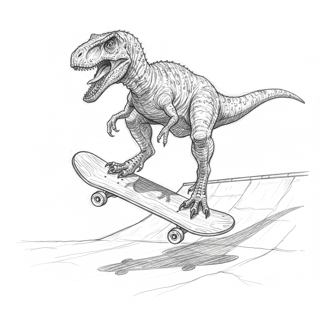 Dino Riding Skateboard - hard sketch drawing idea
