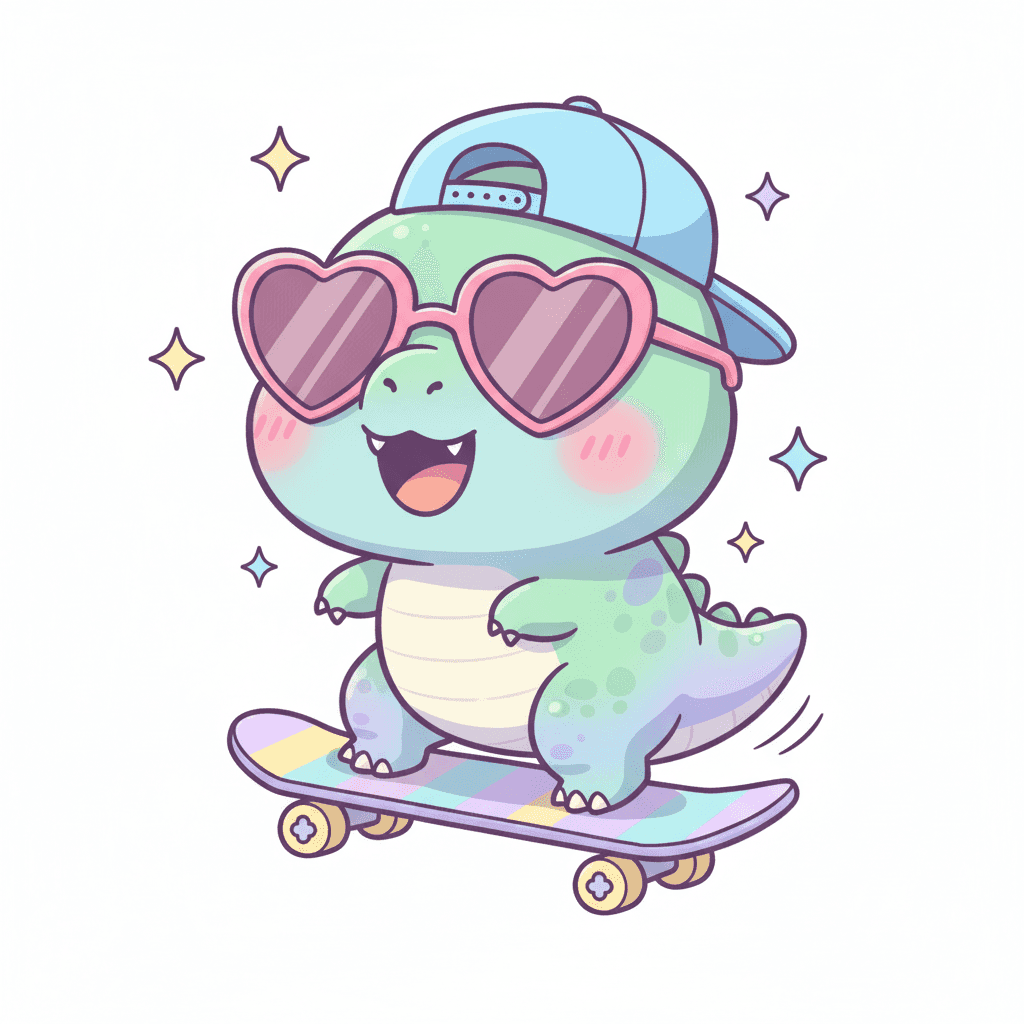Dinosaur Skateboarding With Sunglasses - medium cartoon drawing idea