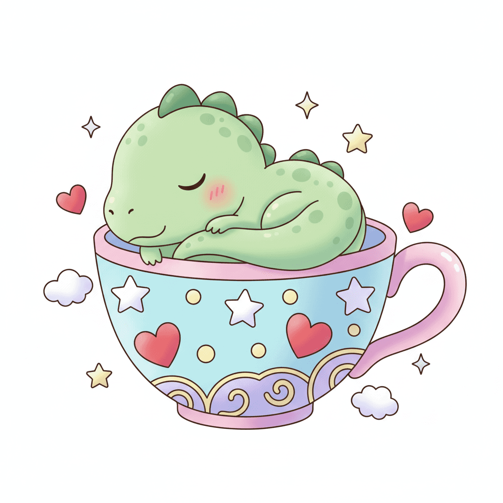Dinosaur Sleeping In A Teacup - hard cartoon drawing idea