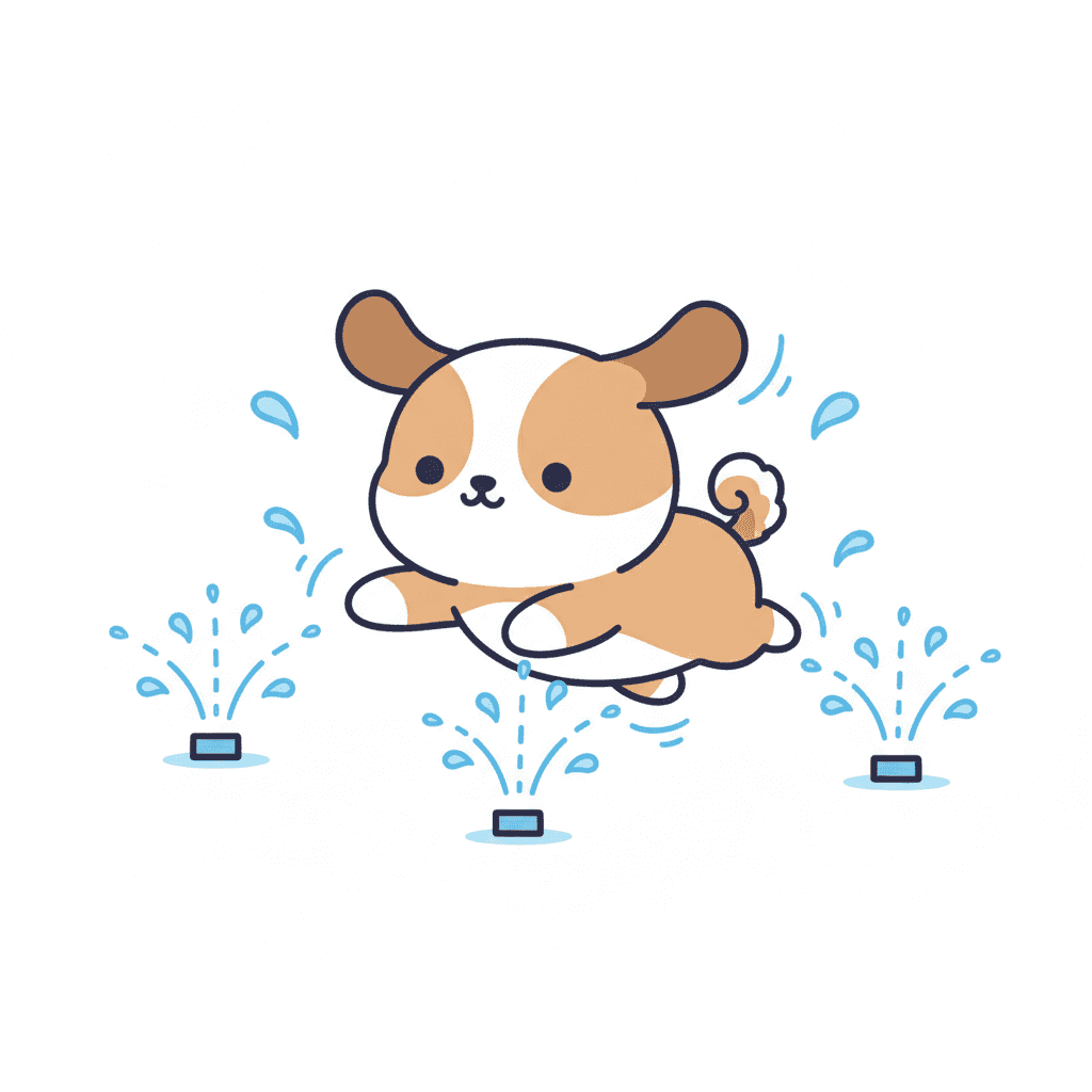 Dog Leaping Through Sprinklers - easy cartoon drawing idea