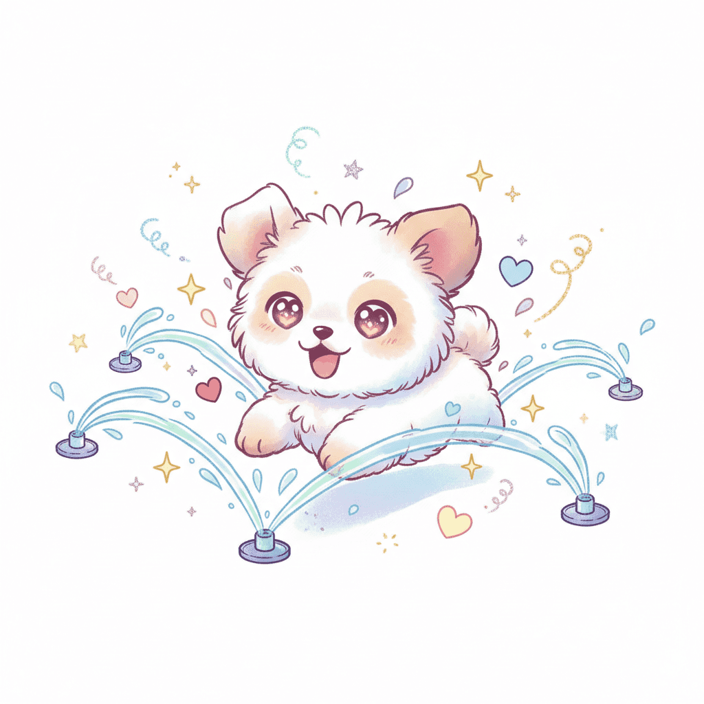 Dog Leaping Through Sprinklers - hard cartoon drawing idea