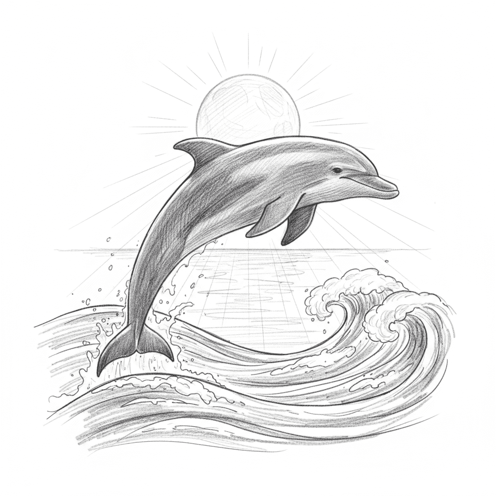 Dolphin Leaping Over Moonlit Waves - medium sketch drawing idea