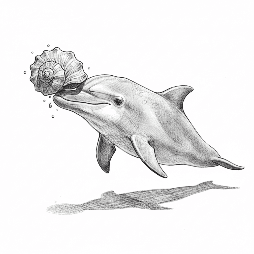 Dolphin Playfully Balancing A Seashell - hard sketch drawing idea