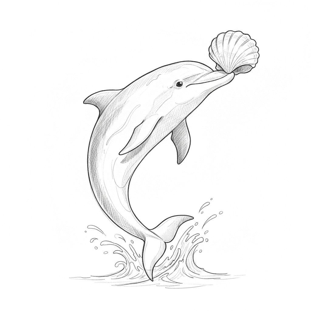 Dolphin Playfully Balancing A Seashell - medium sketch drawing idea