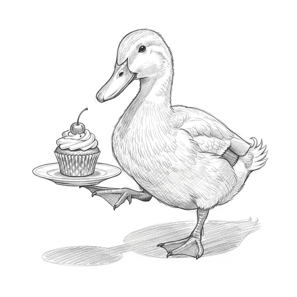 Duck Balancing Tiny Cupcake - hard sketch drawing idea