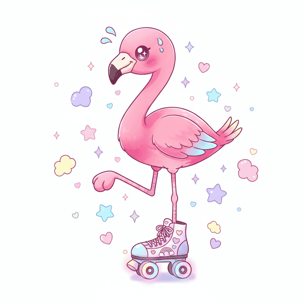 Flamingo Balancing On One Roller Skate - hard cartoon drawing idea