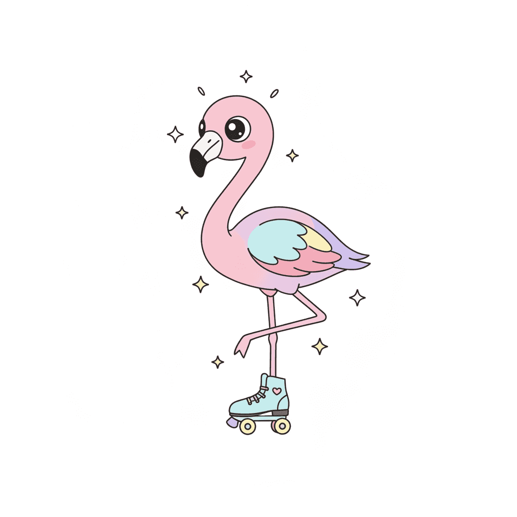 Flamingo Balancing On One Roller Skate - medium cartoon drawing idea