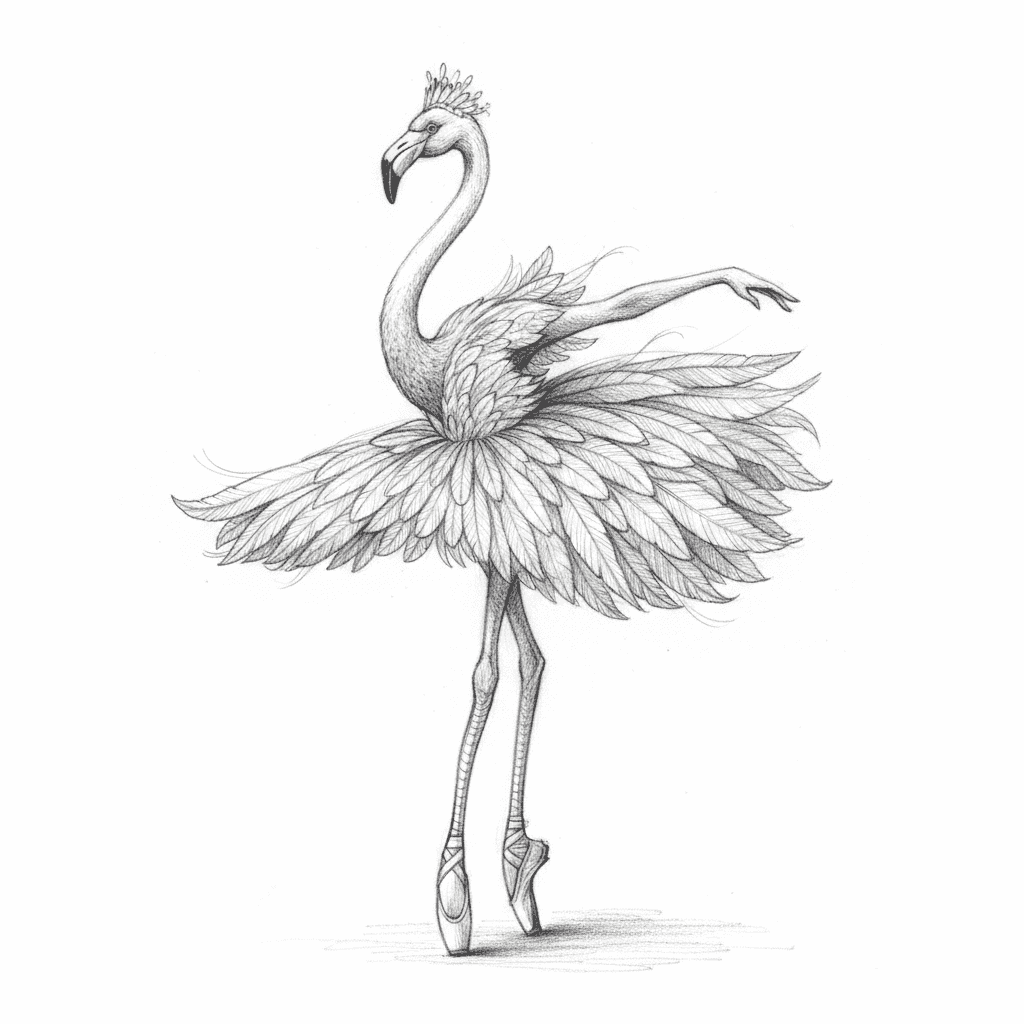 Flamingo Ballerina On Tiptoe - hard sketch drawing idea