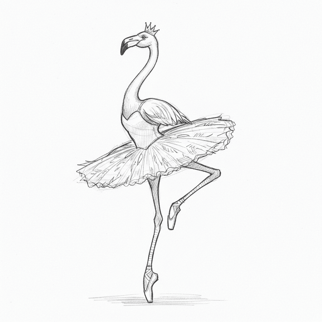 Flamingo Ballerina On Tiptoe - medium sketch drawing idea