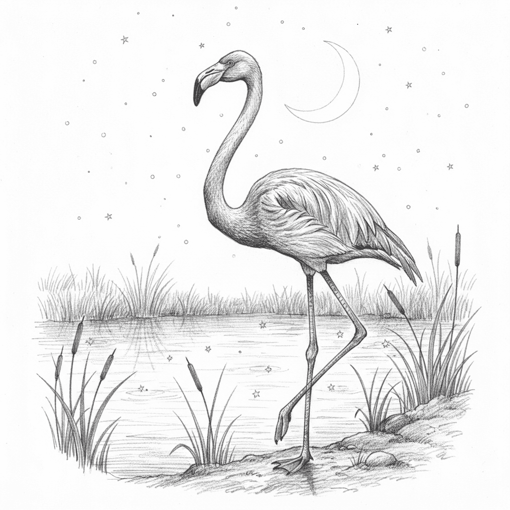 Flamingo Stargazing By Pond - hard sketch drawing idea