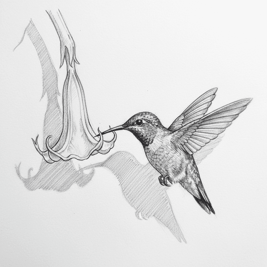 Hummingbird Flies Upside Down For Nectar - hard sketch drawing idea