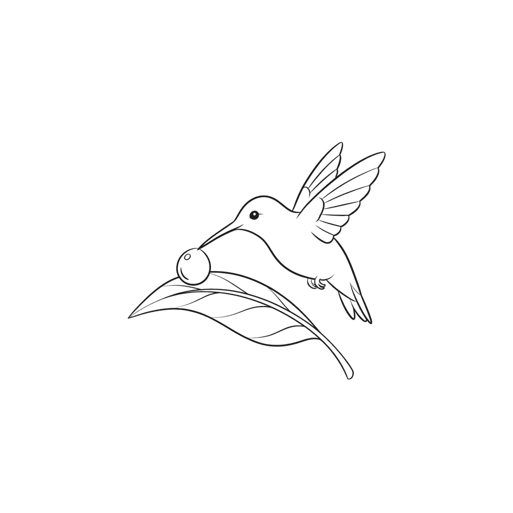 Hummingbird Sips Dewdrop From Leaf - easy sketch drawing idea