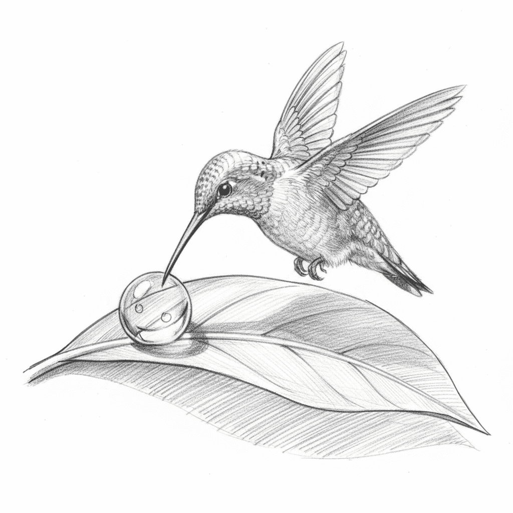 Hummingbird Sips Dewdrop From Leaf - hard sketch drawing idea