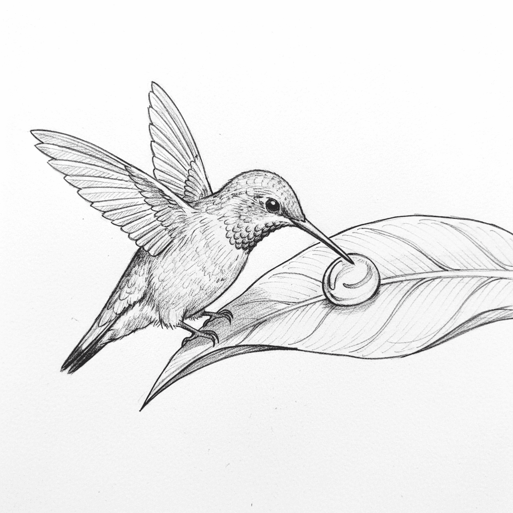 Hummingbird Sips Dewdrop From Leaf - medium sketch drawing idea