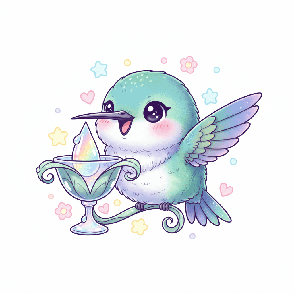 Hummingbird Sips From Dewdrop Chalice - hard cartoon drawing idea