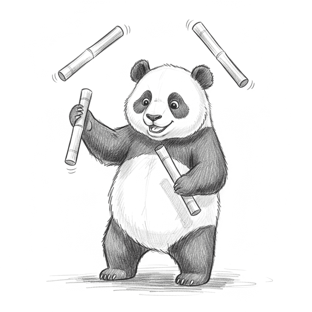 Panda Juggling Bamboo Sticks - medium sketch drawing idea
