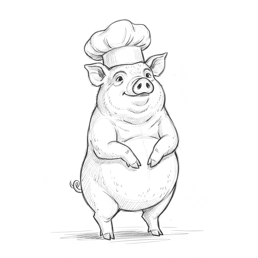 Pig Wearing Tiny Chef Hat - medium sketch drawing idea