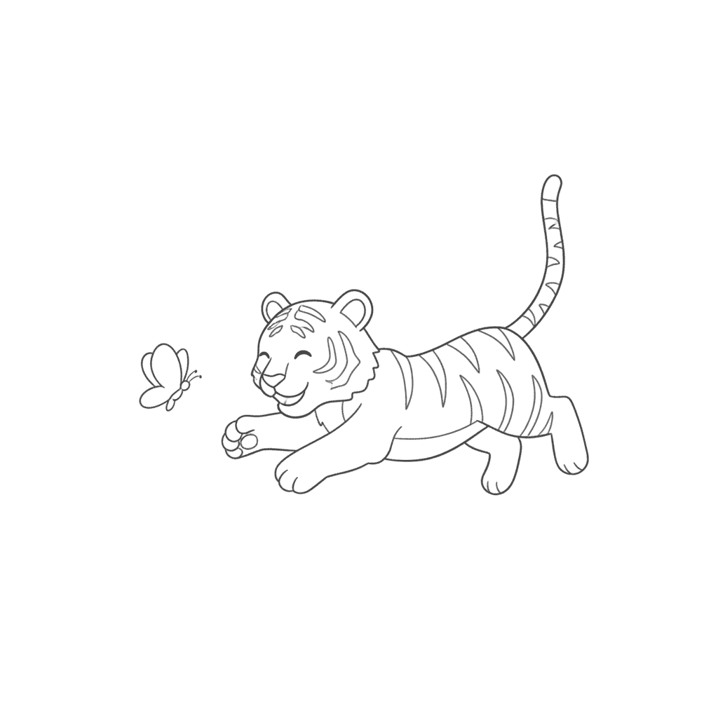 Playful Tiger Chasing A Butterfly - easy sketch drawing idea