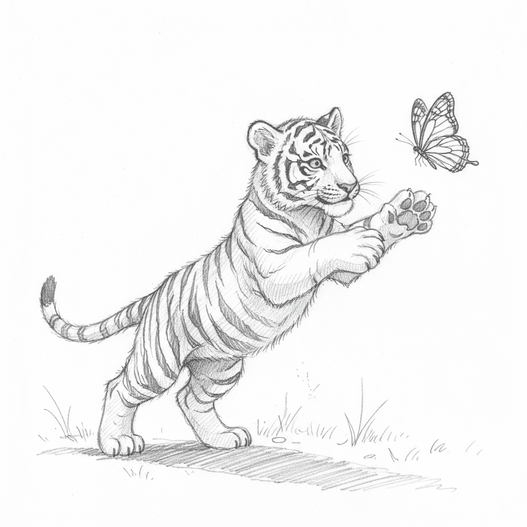 Playful Tiger Chasing A Butterfly - hard sketch drawing idea