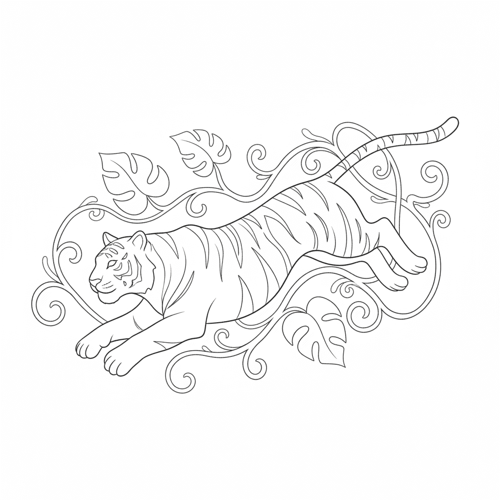 Tiger Leaping Through Jungle Vines - easy sketch drawing idea