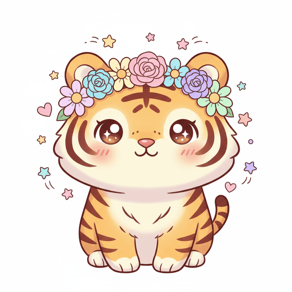 Tiger Wearing Flower Crown - hard cartoon drawing idea
