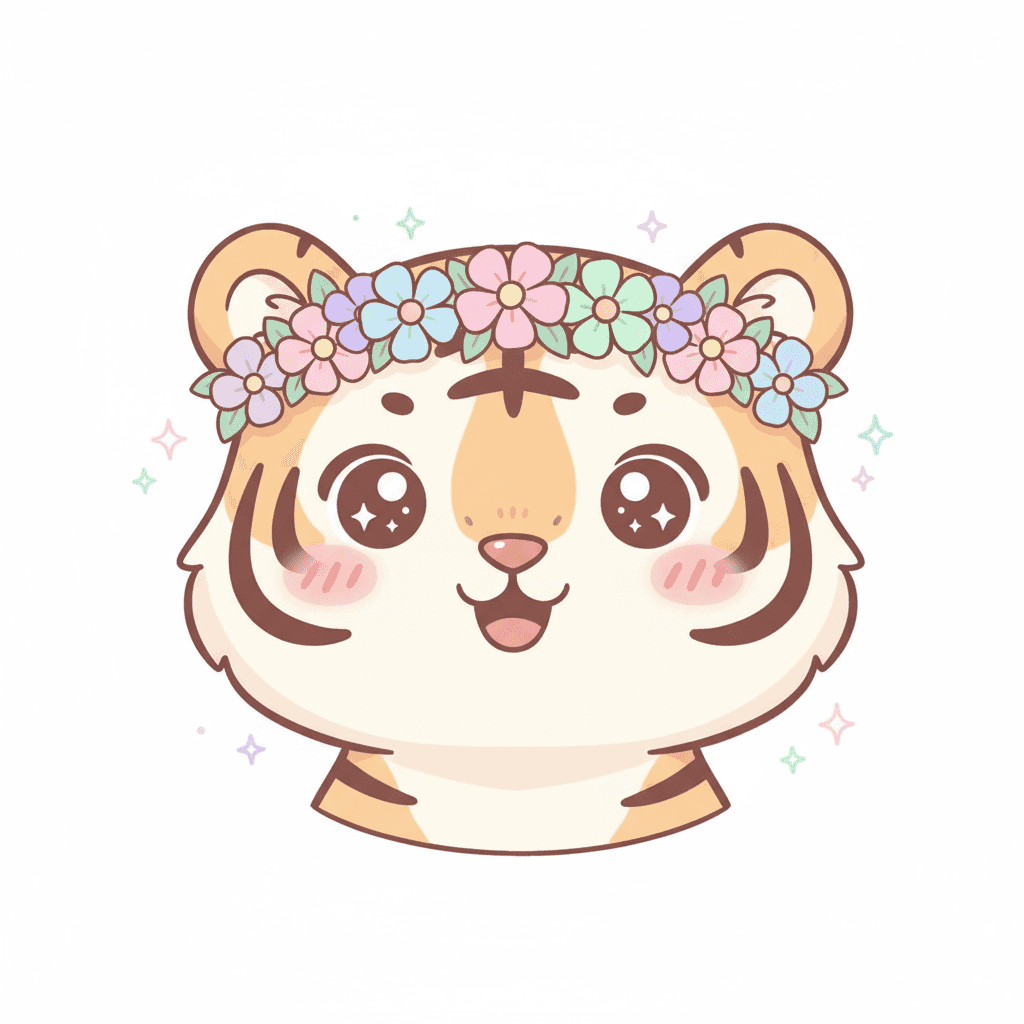 Tiger Wearing Flower Crown - medium cartoon drawing idea