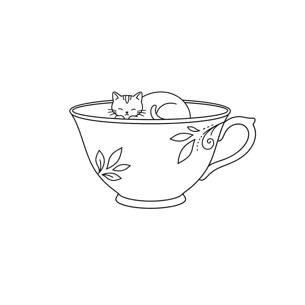 Cat in Teacup (Minimalist) - medium minimalist drawing idea