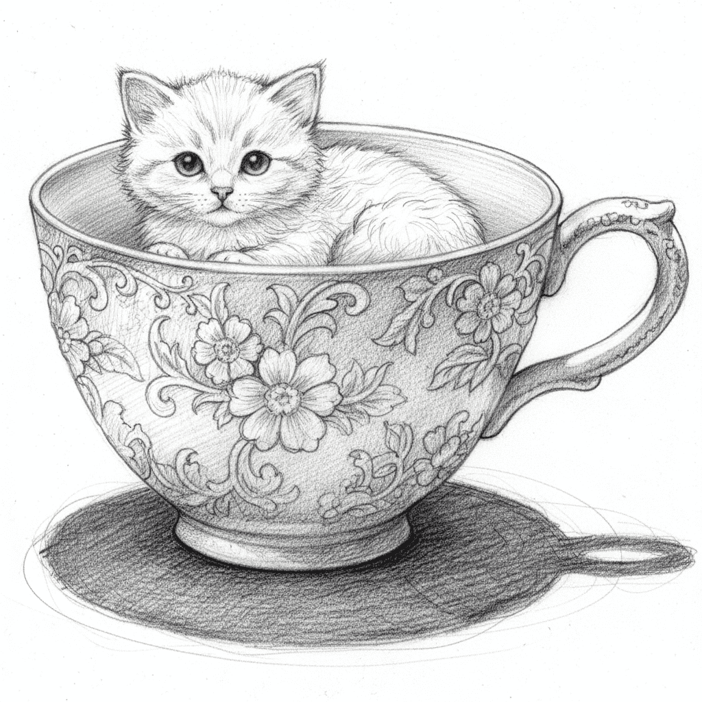 Cat in Teacup (Sketch) - hard sketch drawing idea