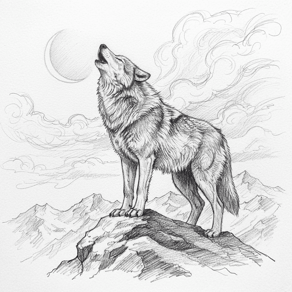 Wolf Howling At Crescent Moon - hard sketch drawing idea