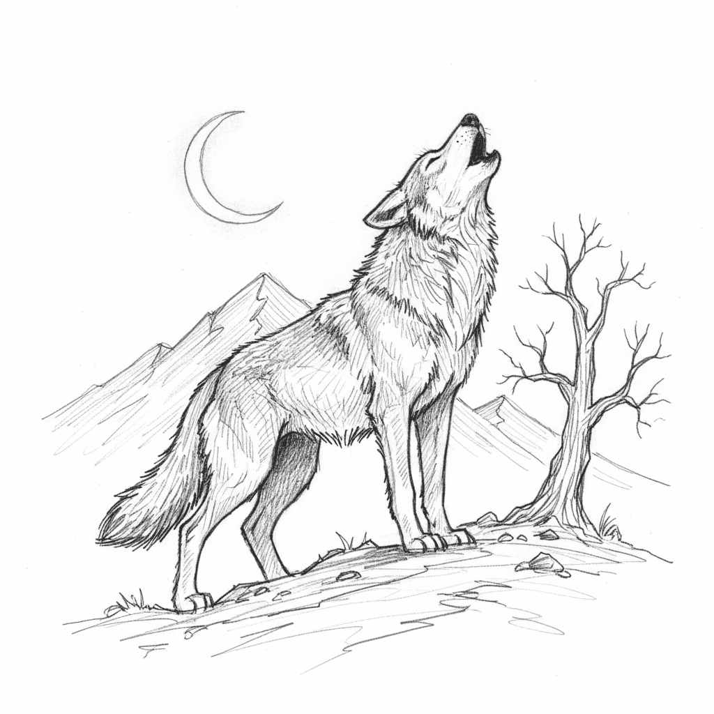 Wolf Howling At Crescent Moon - medium sketch drawing idea