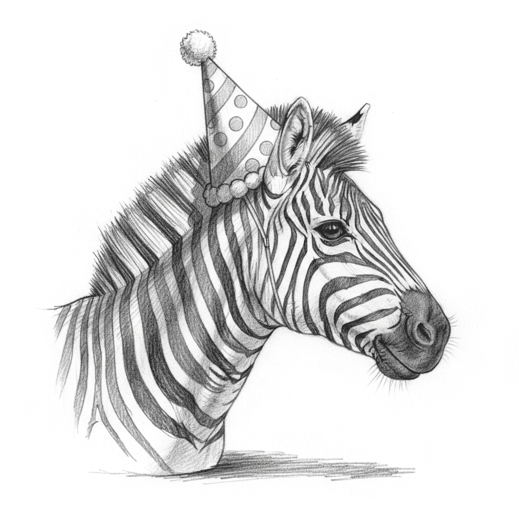Zebra Wearing A Party Hat - hard sketch drawing idea