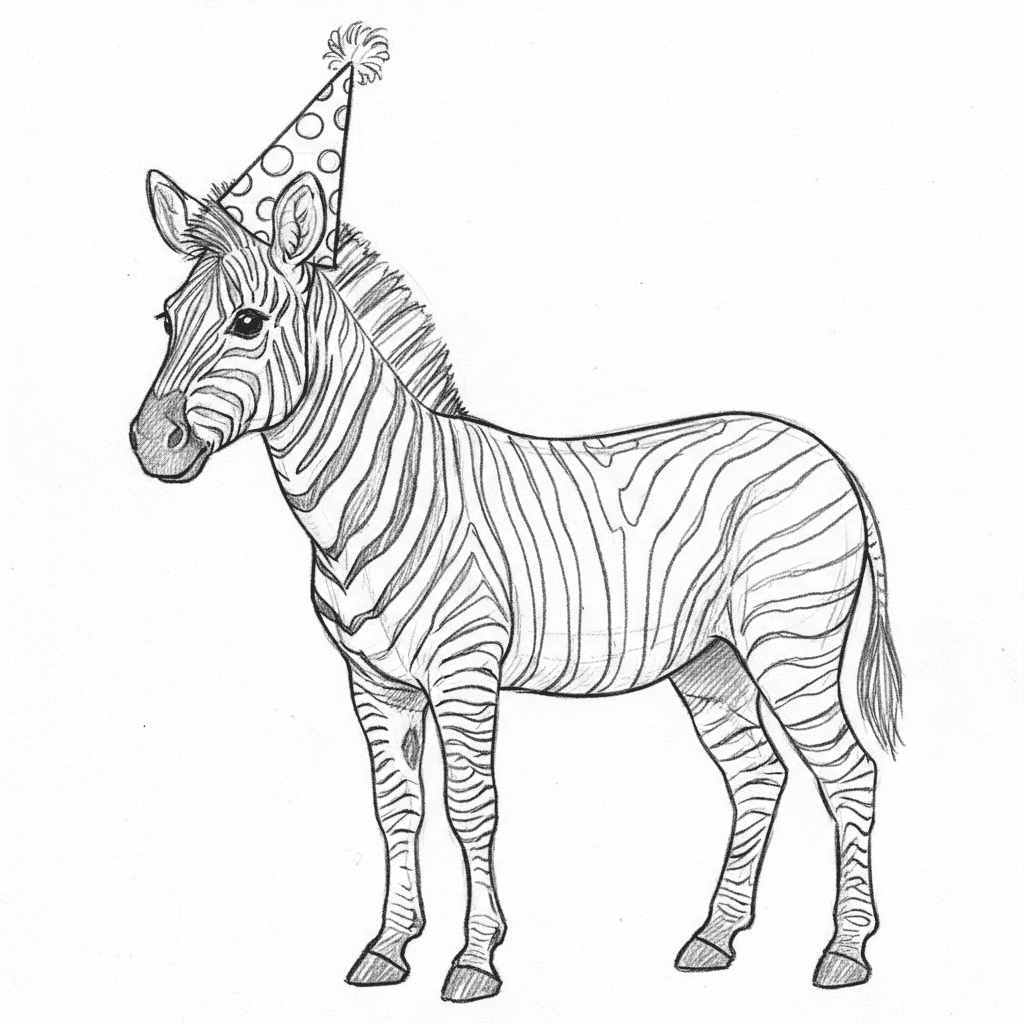 Zebra Wearing A Party Hat - medium sketch drawing idea