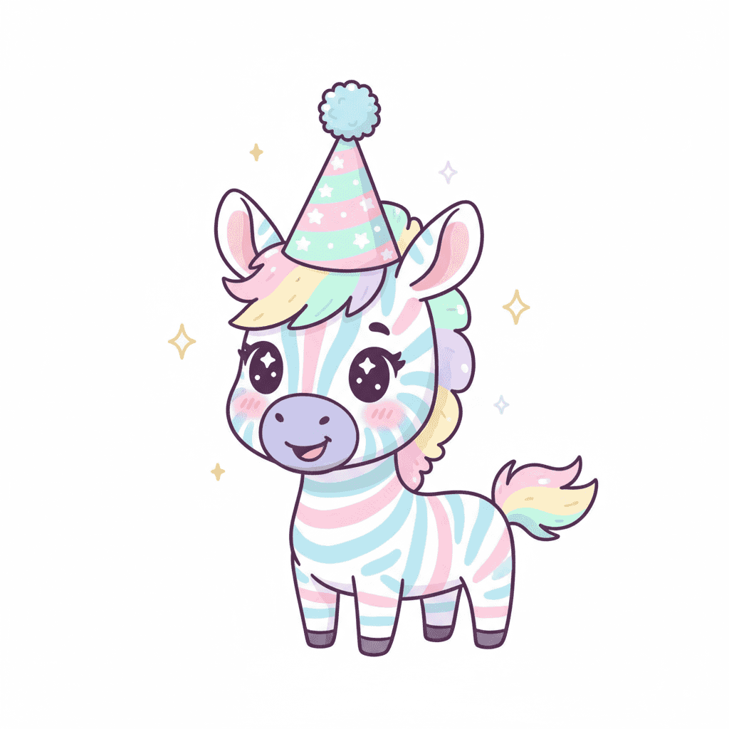 Zebra With A Party Hat - medium cartoon drawing idea