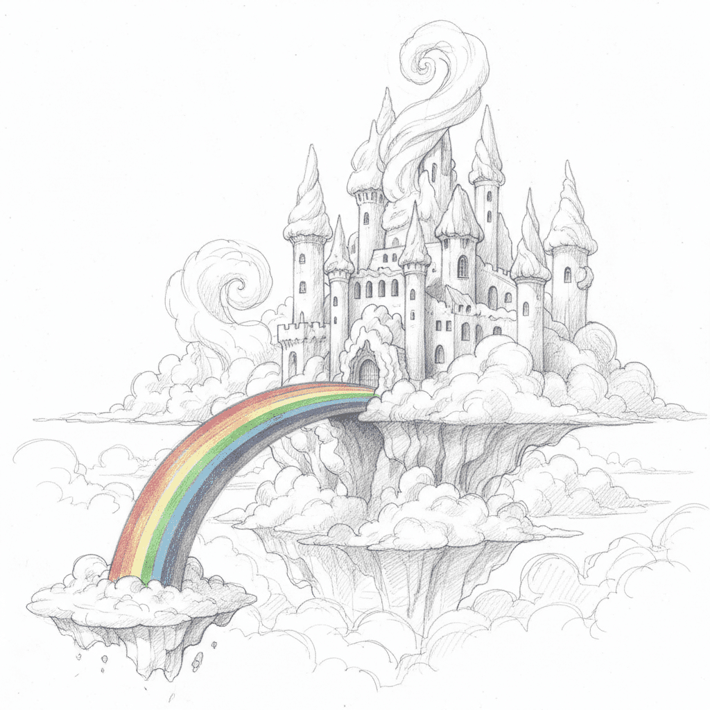 Cloud Castle With Rainbow Bridge - hard sketch drawing idea