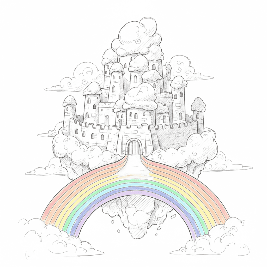 Cloud Castle With Rainbow Bridge - medium sketch drawing idea