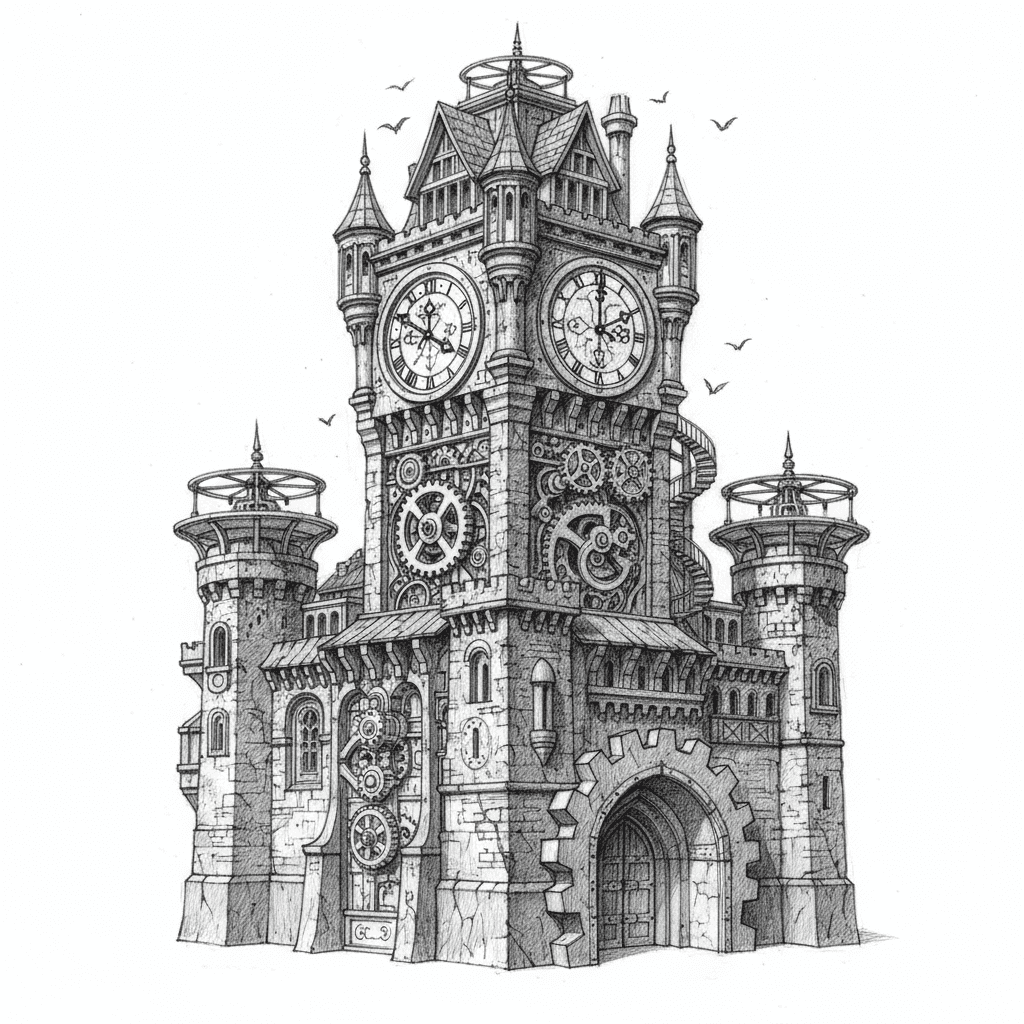 Gears Castle Clock Tower - hard sketch drawing idea