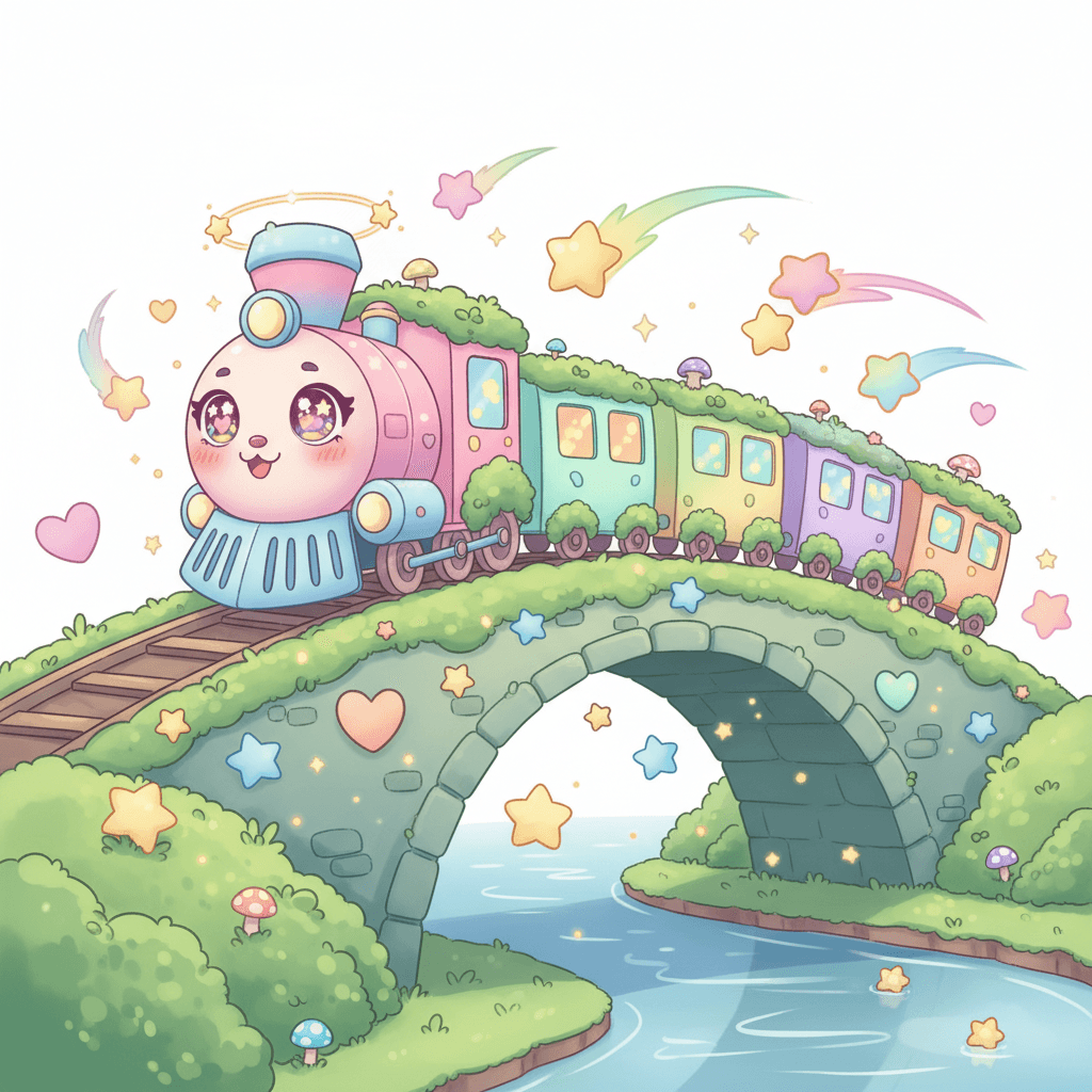 Train Crossing A Mossy Bridge - hard cartoon drawing idea