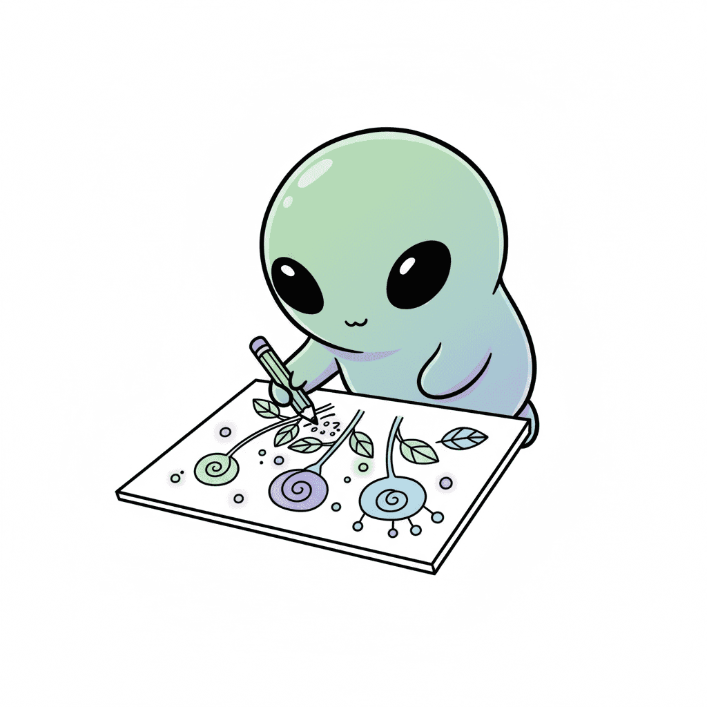 Alien Sketching Strange Flora - easy cartoon drawing idea