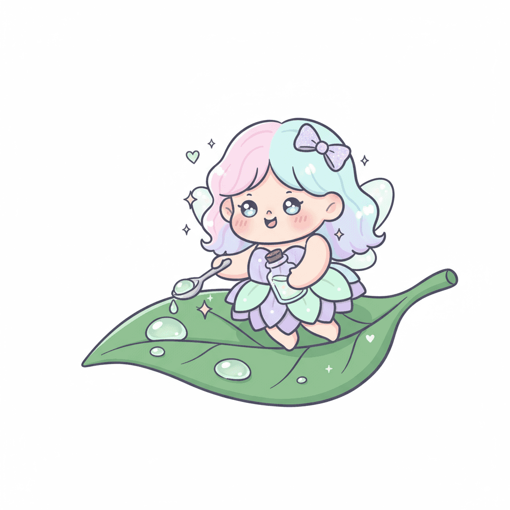 Fairy Collecting Dewdrops From Leaf - medium cartoon drawing idea