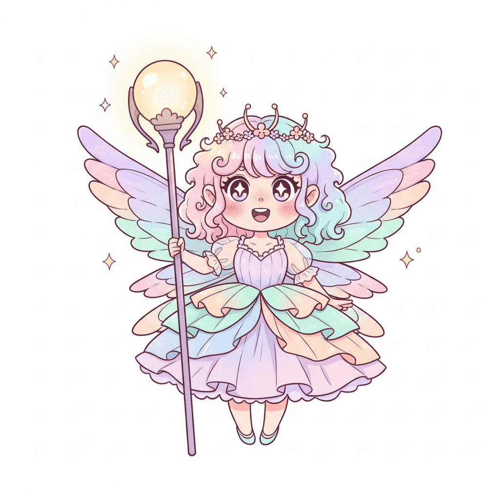 Fairy With A Glowing Lantern Staff - medium cartoon drawing idea