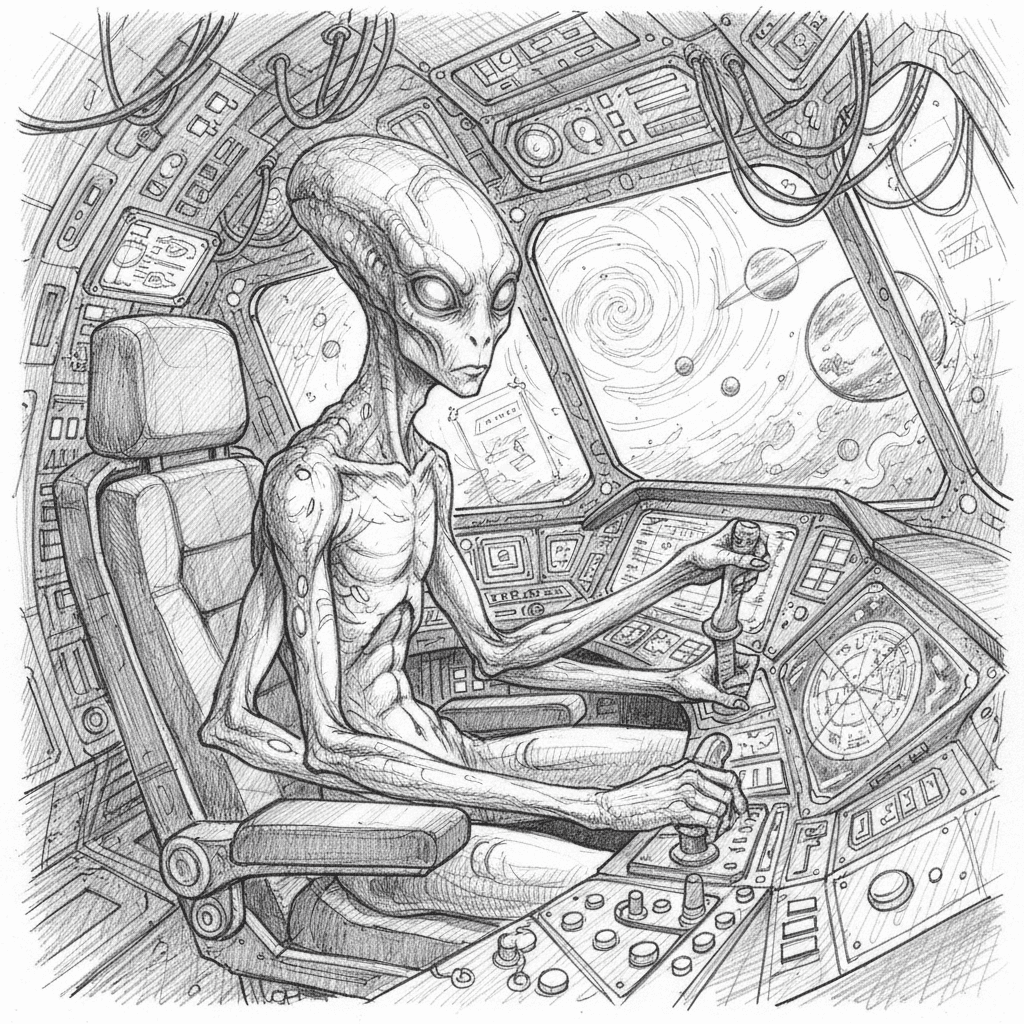 Four Armed Alien Piloting Spaceship - hard sketch drawing idea
