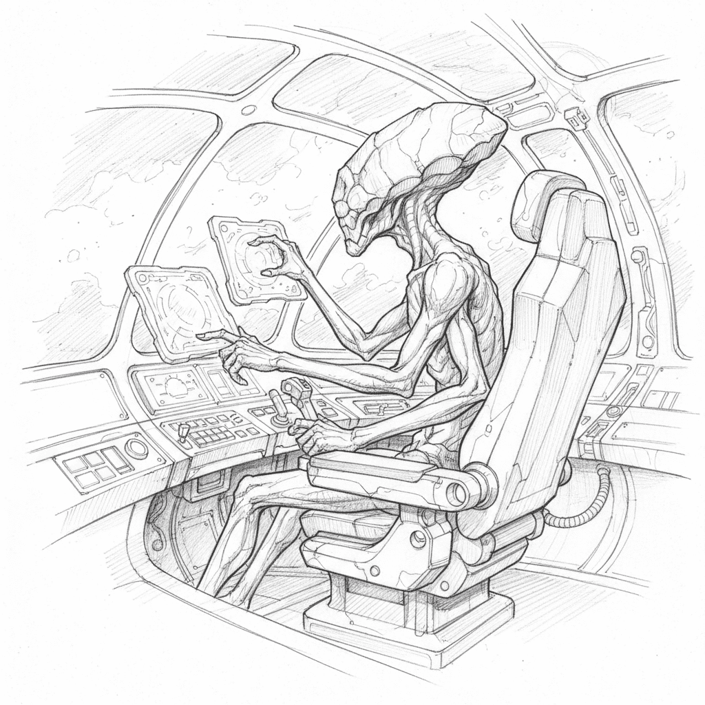 Four Armed Alien Piloting Spaceship - medium sketch drawing idea