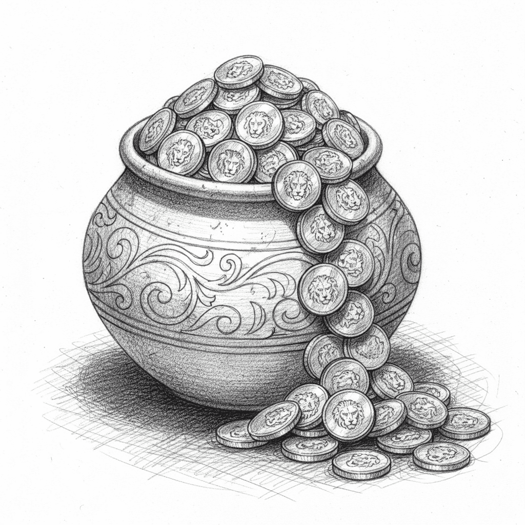 Pot Overflowing With Golden Coins - hard sketch drawing idea
