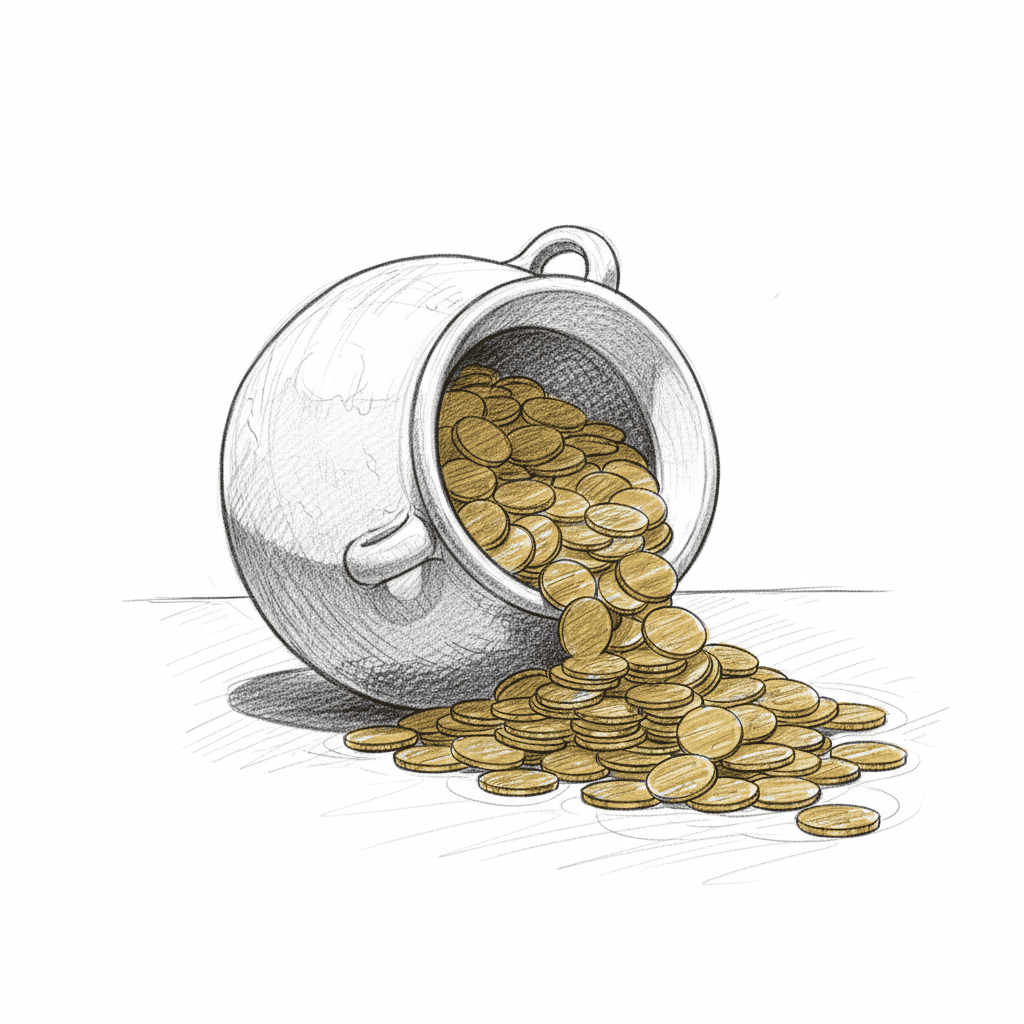 Pot Overflowing With Golden Coins - medium sketch drawing idea