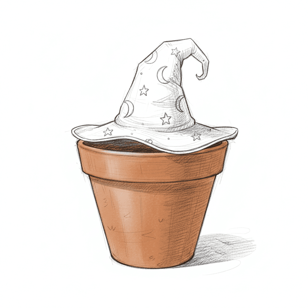 Pot Wearing A Tiny Wizard Hat - medium sketch drawing idea