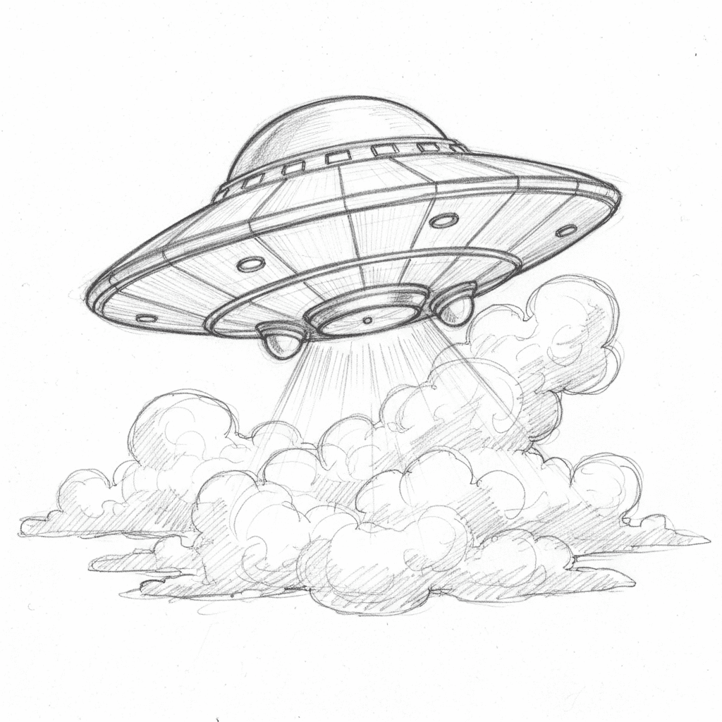 Ufo Peeking From Clouds - medium sketch drawing idea