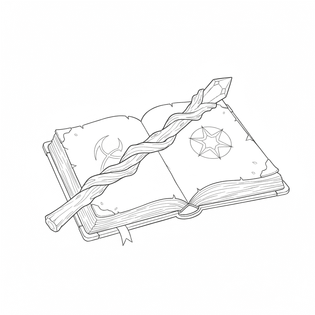 Wand Resting On Ancient Spellbook - easy sketch drawing idea